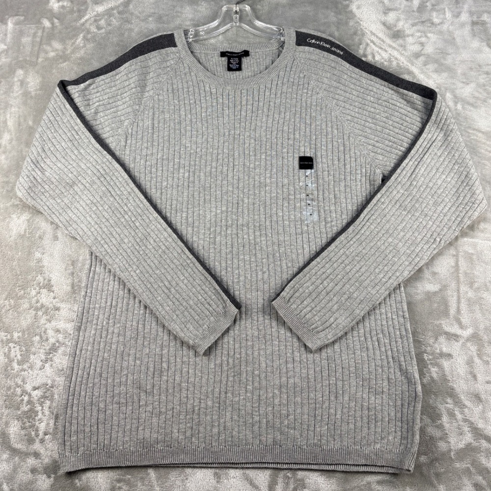 Calvin Klein Jeans Mens XL Gray Ribbed Cotton Crewneck Sweater Shoulder Stripe